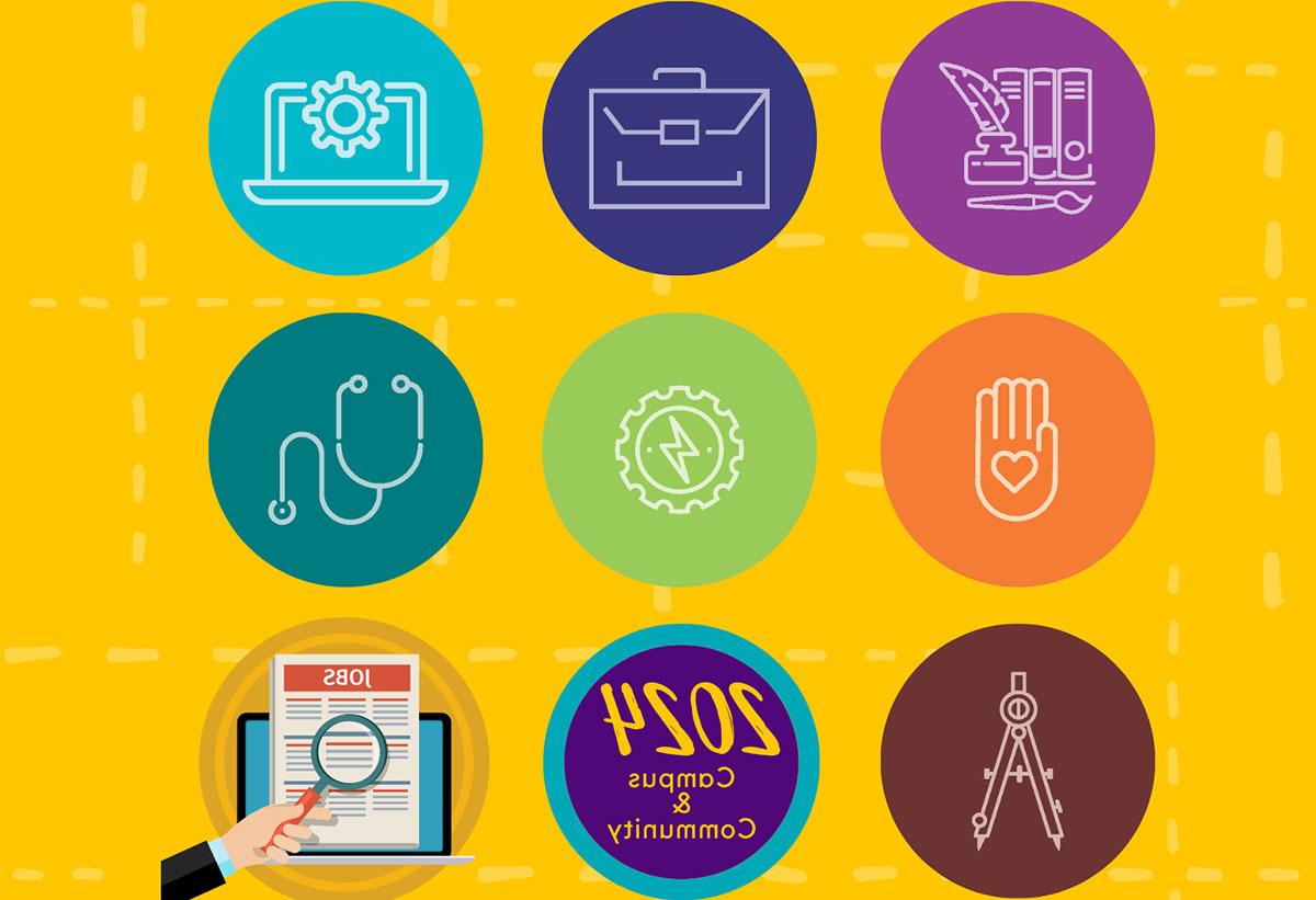 Yellow background with variety of tiles with icons of books, brief case, laptop, health hand, gear, stethoscope, 2024 Campus & Community and Resume